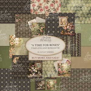 Papel digital rosa, elegantes páginas florales de 8,5 x 11, hojas de brocado imprimibles, álbum de recortes antiguo, tarjeta de felicitación vintage, diario romántico dorado