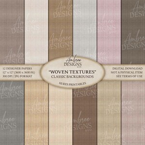 May include: A digital download featuring 12 designer papers with woven textures in various neutral colors. Each paper measures 12 x 12 inches and is 300 DPI. The papers include shades of beige, gray, and pink, perfect for classic backgrounds.