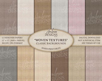 May include: A digital download featuring 12 designer papers with woven textures in various neutral colors. Each paper measures 12 x 12 inches and is 300 DPI. The papers include shades of beige, gray, and pink, perfect for classic backgrounds.