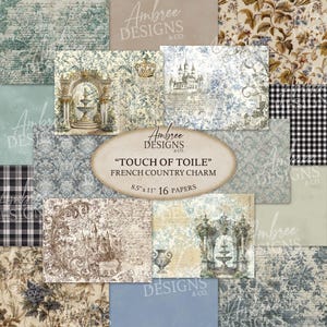 Puede incluir: Una colección de 16 hojas de papel de 21,6 cm x 28 cm con temática campestre francesa. Los papeles presentan varios diseños, incluyendo diseños florales, ilustraciones de castillos e impresiones de toile en tonos azules, beige y negro. El texto "Touch of Toile" es visible.