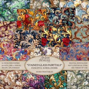 May include: A collection of 16 designer papers with a stained glass fairytale theme. The papers feature colorful, ornate scrollwork in various shades of blue, green, gold, red, and purple. The digital download is A4 size (2480 x 3508 px).