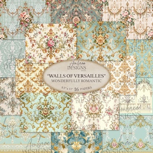 May include: A selection of 16 patterned papers, each 21.6 x 27.9 cm, showcasing elaborate floral and damask patterns in blue, cream, and gold. The papers are titled "Walls of Versailles" and "Wonderfully Romantic".