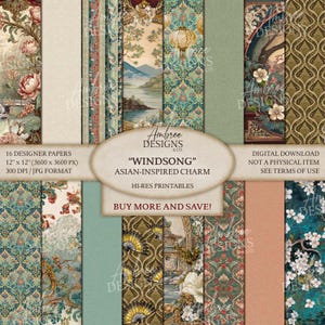 Papel de inspiración asiática de 30 x 30 cm, diseño floral oriental, diario de lujo del Lejano Oriente, páginas elegantes para álbumes de recortes, tarjetas vintage con farolillos, hojas con motivos florales.