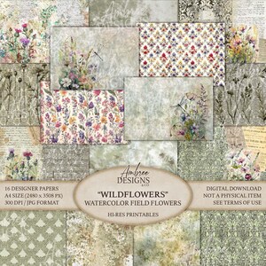 May include: A set of 16 designer papers with watercolour field flower designs. The papers display floral patterns, including wildflowers and dragonfly illustrations, in a soft, vintage style. The papers are A4 size (2480 x 3508 px) and are a digital download.