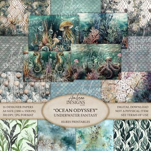 A4-Size Ocean Fantasy Paper, Underwater Marine Life, Sea Creatures Scrapbook, Watercolor Journal Pages, Undersea Card Making, Aquatic Sheets