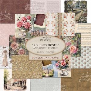 Papel Regency Roses, 8,5 x 11, inspirado em Jane Austen, páginas de diário floral vintage, cartões de felicitações com flores, folha de scrapbook com padrão elegante