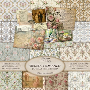 May include: A collection of 16 designer papers with a vintage aesthetic. The papers feature floral patterns, illustrations, and text elements, inspired by Jane Austen's Regency era. The papers are A4 size (2480 x 3508 px) and 300 DPI.