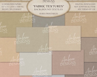May include: A digital download featuring 12 designer papers with fabric textures in various neutral colors. The papers are 8.5" x 11" and in JPG format. The image includes the text "Fabric Textures" and "Hi-Res Printables".