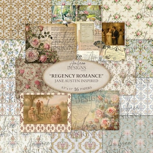 May include: A collage of patterned papers with a vintage aesthetic. The papers feature floral, damask, and musical note designs, with a central oval label reading "Regency Romance" and "Jane Austen Inspired". The papers are 8.5" x 11" in size.