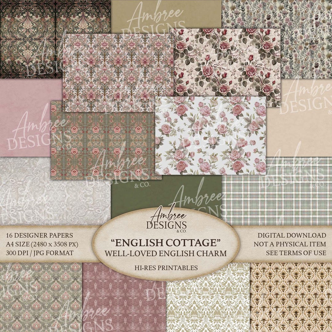 A4-size English Cottage Paper, Nature Inspired Patterns, Printable ...