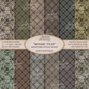 Puede incluir: Doce papeles de diseño con un patrón de mosaico en tonos verdes, marrones y grises. Cada papel mide 30,48 cm x 30,48 cm y evoca un ambiente mediterráneo. El texto "Mosaic Tiles" y "Hi-Res Printables" también está presente.