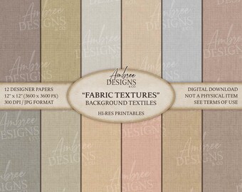 May include: A digital download of 12 designer papers with fabric textures in various neutral colors. Each paper measures 12 x 12 inches and is 300 DPI. The image includes text that reads "Fabric Textures" and "Hi-Res Printables."