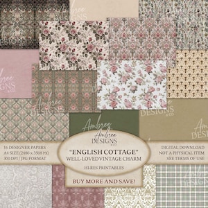 A4-Größe Englisch Cottage Papier, bezaubernde Natur inspiriert, bedruckbare Brokatblätter, Floral Journal Seiten, Wallpaper Sammelalbum, Blumen Karten