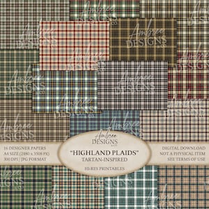 Op de afbeelding: Een digitale download met zestien designpapieren met diverse tartan-ruitpatronen in bruin, groen, rood en zwart. De papieren zijn A4-formaat en 300 DPI. De tekst luidt "Highland Plaids" en "Tartan-Inspired".