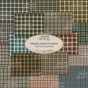 Könnte beinhalten: Eine Sammlung von sechzehn Papieren im Tartan-Stil mit verschiedenen Karomustern. Die Papiere weisen eine Mischung aus Farben auf, darunter Grün, Rot, Braun und Blau. Der Text auf dem Bild lautet "Highland Plaids" und "8,5" x 11" 16 Papers".