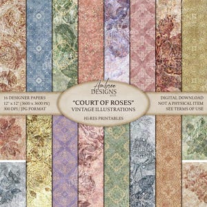 Op de afbeelding: Een verzameling van 16 design papieren met vintage illustraties. De papieren zijn 30,5 cm x 30,5 cm groot en tonen bloemen- en ornamentale patronen in verschillende kleuren. De tekst op de afbeelding luidt "Court of Roses" en "Vintage Illustrations".