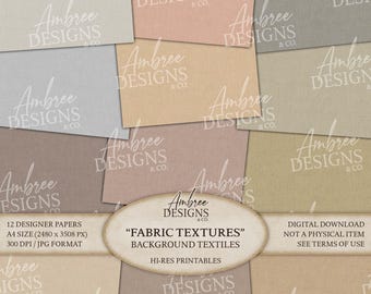 May include: A collection of designer papers with fabric textures in various neutral colors, including beige, pink, and gray. The image includes the text "Fabric Textures" and "Hi-Res Printables".