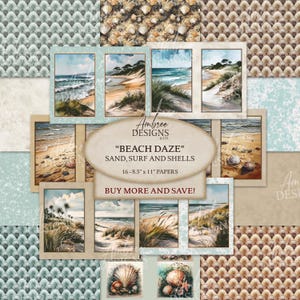 Papeles de playa, 8,5 x 11, escenas de playa, hojas imprimibles de playa, tarjetas de felicitación de conchas, álbum de recortes de vacaciones de verano, diario digital de conchas