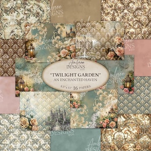 Puede incluir: Una colección de 16 papeles estampados, de 21,6 x 27,9 cm, con una estética vintage. Los papeles presentan diseños florales, damasco y castillos en tonos apagados de verde azulado, beige y rosa. El texto dice "Twilight Garden" y "An Enchanted Haven".