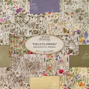 May include: A collection of 16 sheets of paper with floral designs. The papers feature various field flower illustrations in shades of pink, purple, yellow, and brown. The text on the label reads "Field Flowers" and "Delightful Spring", with dimensions of 8.5" x 11".