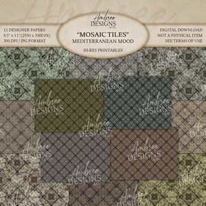 Papel de mosaico, 8,5 x 11, estilo mediterráneo, hojas de diario del Viejo Mundo, tarjetas con textura marroquí, álbum de recortes italiano, patrón digital toscano