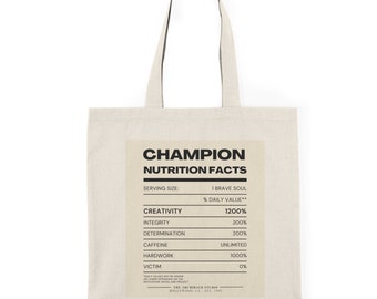 Champion Nutrition Fact Tote Bag | Art is Deep, Artist Gift, Actor Gift, Actor Tote, Audition Bag, Audition Tote , Artist Tote, Actor Bag