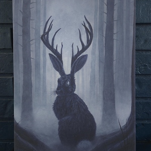 The Trickster Fine Art Canvas Print, Jackalope, Cryptid Art, Spooky Cottagecore, Wolpertinger, Creepy Creatures, Gothic Decor