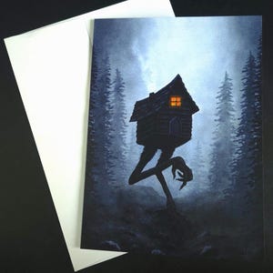 Carte de voeux La sorcière, cabane de Baba Yaga, carte cryptide, cartes de vœux avec enveloppes, impression d'art, 5 x 7