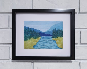 Peaceful Valley Giclee Art Print, Nature Landscape, Mountain Range & Forest, Rocky River Shore, 5"x7", 8"x10", 9"x12"