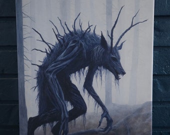 May include: A dark blue painting of a creature with antlers and a wolf-like face, set in a misty forest. The creature is depicted in a crouching position, with long, clawed fingers and a shaggy mane.