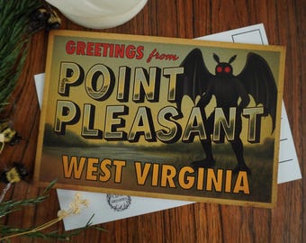 Point Pleasant Postcard, Mothman, Art Print Card 4x6, Dark Academia, Vintage Style, Cryptid