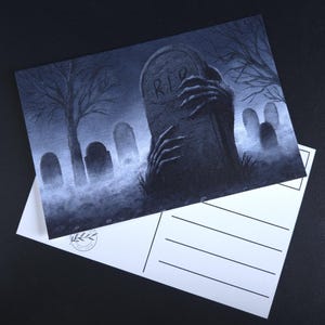 Carte postale de cimetière de morts-vivants, carte d'impression d'art 4 x 6, université sombre, art maussade, zombie, cryptide, folklore, cimetière
