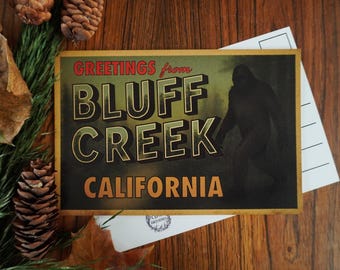 Bluff Creek Postcard, Bigfoot, Art Print Card 4x6, Dark Academia, Vintage Style, Cryptid, Folklore