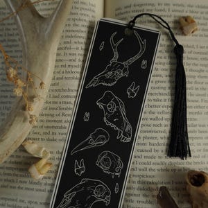 Animal Skulls Laminated Bookmark With Tassel: Dark Academia Stationery. 6x2"