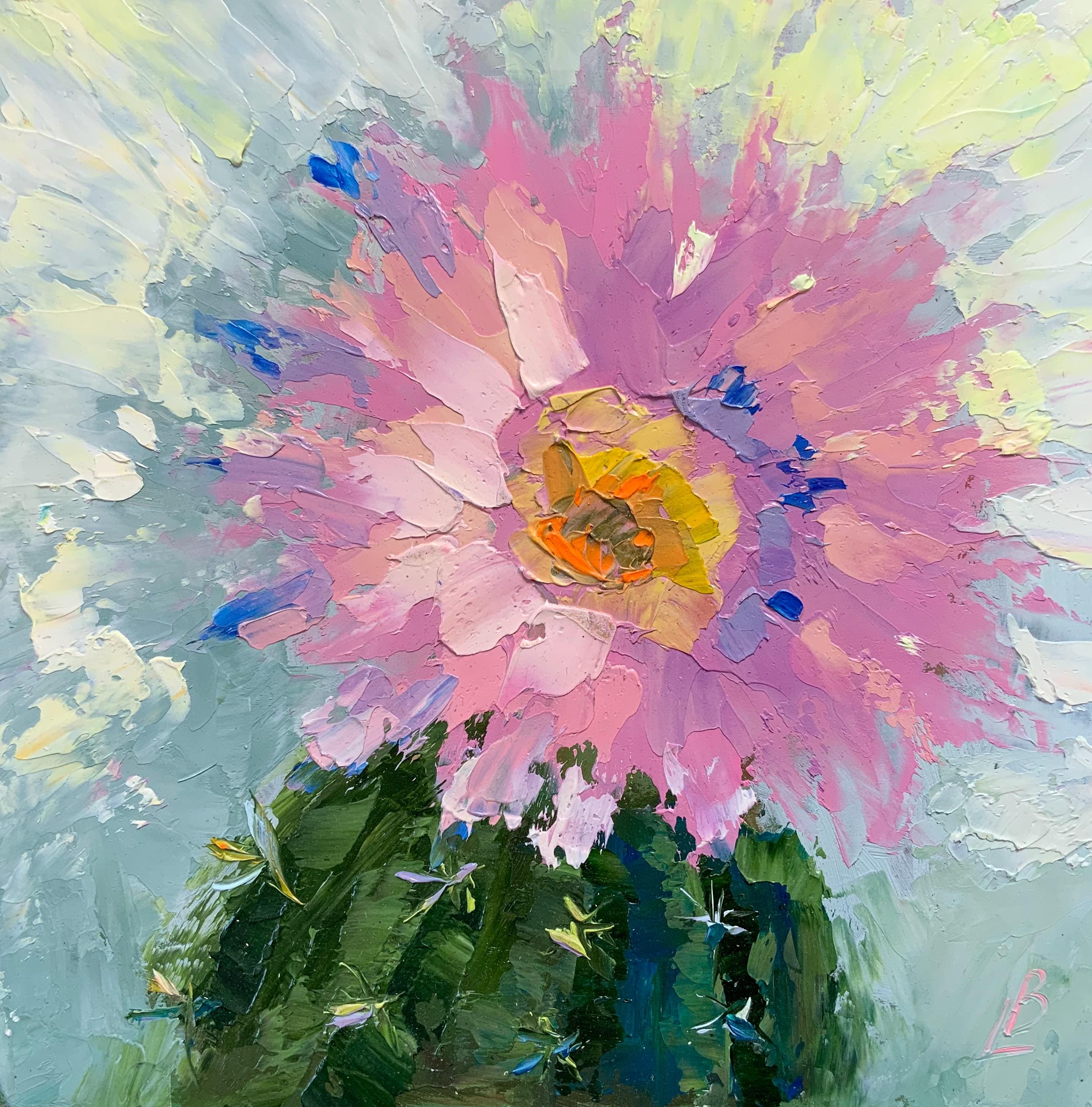 Cactus Flower oil painting Gentle Pink flower Original Art Gift for Her Gift for MOM Small Artwork Impasto Impressionism 7x7 inc Elena Boyko