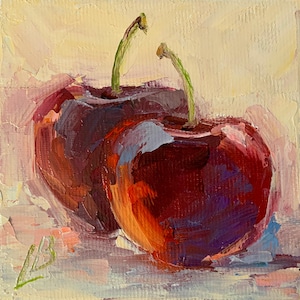 Elegant Cherry oil painting Red berries Ripe Fruit Original Art Gift for Mom Kitchen Decor Gift for Her Small Artwork 4x4 inches Elena Boyko