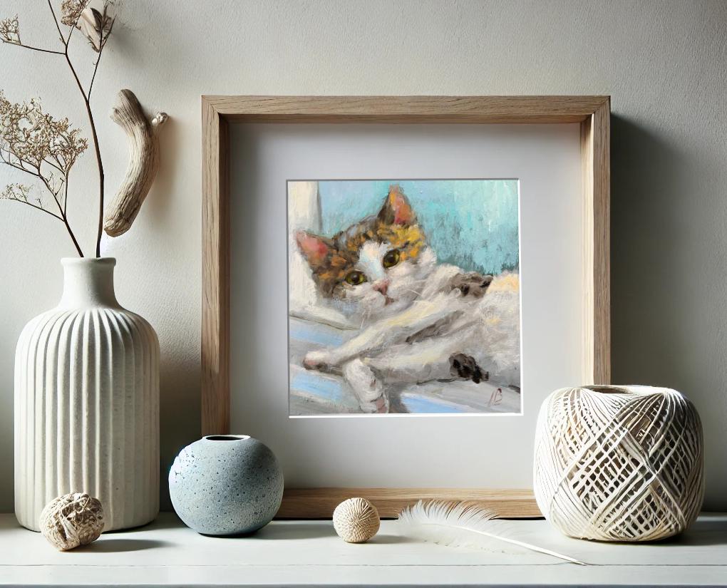 猫の油絵 かわいい白猫の肖像画 ペット動物 オリジナルアート 印象派