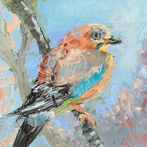 Jay bird oil painting Blue Beautiful bird Spring Animal Bird painting Original Art 18th birthday gift girl Gift foe Her 6x6 Elena Boyko