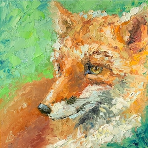 Forest fox oil painting Red Fox Wild Animal Pet portrait Original Art Gift for Her Small Artwork Wall decor Gift for Mom 8x8 in Elena Boyko