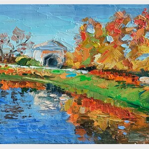 Paisagem Outono Lago Pintura a Óleo Lago Michigan Miniatura Quadrado Arte Original Cena Rio Floresta Presente de Aniversário amigo masculino 8x6 Elena Boyko