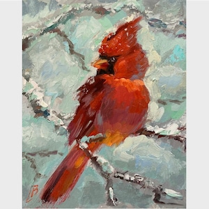 Roter Kardinal Ölgemälde Roter Vogel Bunt Haustier Wild Winter Original Kunst Geschenk für Mutter Kleines Kunstwerk Miniatur 26x28 cm Elena Boyko