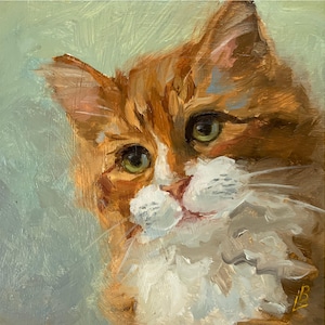 Peinture à l'huile de chat Portrait de chat roux doux, animal de compagnie, art original impressionnisme, cadeau pour elle, petite oeuvre d'art, cadeau pour lui, Elena Boyko, 20 x 20 cm