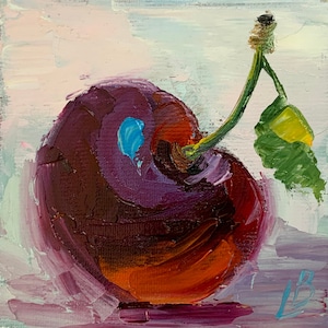 Cherries oil painting Red berries fruit Impressionism Decorative panels Original Art Gift Wall decor Impasto Impressionism ElenaBoyko