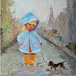 Paisagem urbana Paris Jovem garota caminhando com um cachorro Pintura a óleo Rua da cidade Outono Chuvoso Criança Arte original Presente para ela 10x10 inc Elena Boyko
