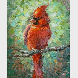 Cardenal rojo, pintura al óleo, pájaro rojo, colorido, mascota, animal salvaje, primavera, arte original, regalo para mamá, pequeña obra de arte en miniatura, 10 x 8 pulgadas, Elena Boyko