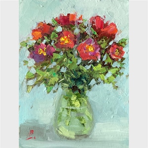 Pintura a óleo de peônias Vaso com peônias vermelhas Lindas flores Arte original Presente para ela Presente para a mãe Pequena obra de arte 6x8 polegadas Elena Boyko