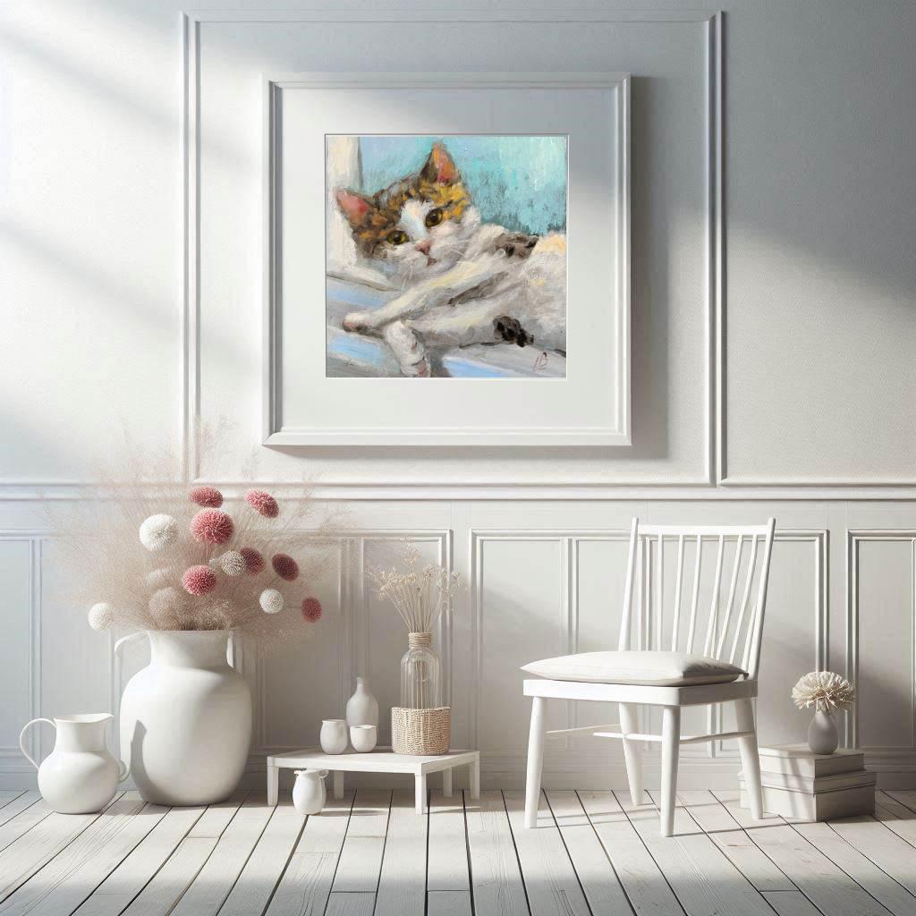 油絵 菅家令子絵 絵画インテリア額付(銀) F4-040214白猫の親子と女の子 猫の油絵 かわいい白猫の肖像画 ペット動物 オリジナルアート 印象派
