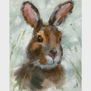 Winter Hare oil painting Wild Animal Grey Rabbit Pet Original Art Small Artwork Gift for him Gift for hir Impasto Canvas 8x10 in Elena Boyko