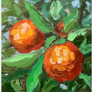 Pintura al óleo de naranjas frescas, fruta cítrica, naranja madura, arte original, regalo, decoración de pared, regalo de cumpleaños número 16, empasto, impresionismo, 10 x 10, Elena Boyko