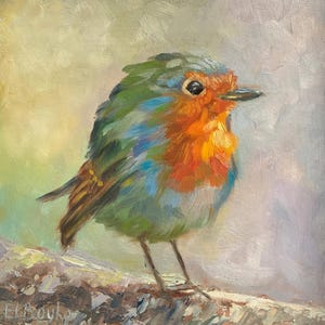 Pintura al óleo de pájaro petirrojo Pequeño pájaro hermoso de primavera Arte original Regalo de cumpleaños número 18 Regalo para ella Pequeña obra de arte 8x8 pulgadas Elena Boyko